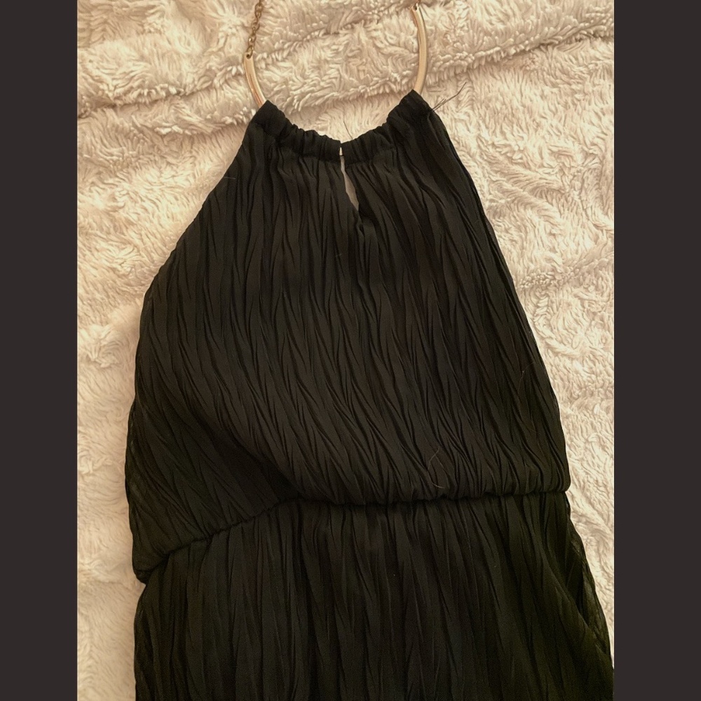 Black Maxi dress with gold necklace for a neckline, low/open back